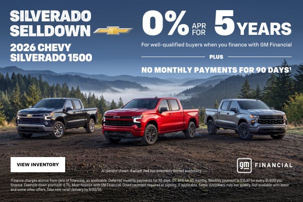 2026 Chevy Silverado 1500. 0% APR for 5 years. For well-qualified buyers when you finance with GM...